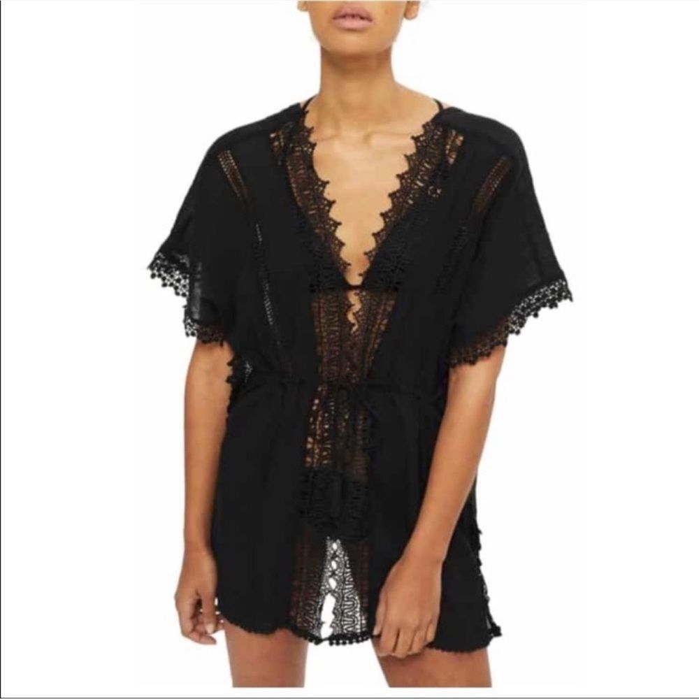 Topshop Black Swim Coverup Eyelet Sheer Boho Resort wear drawstring Tunic L